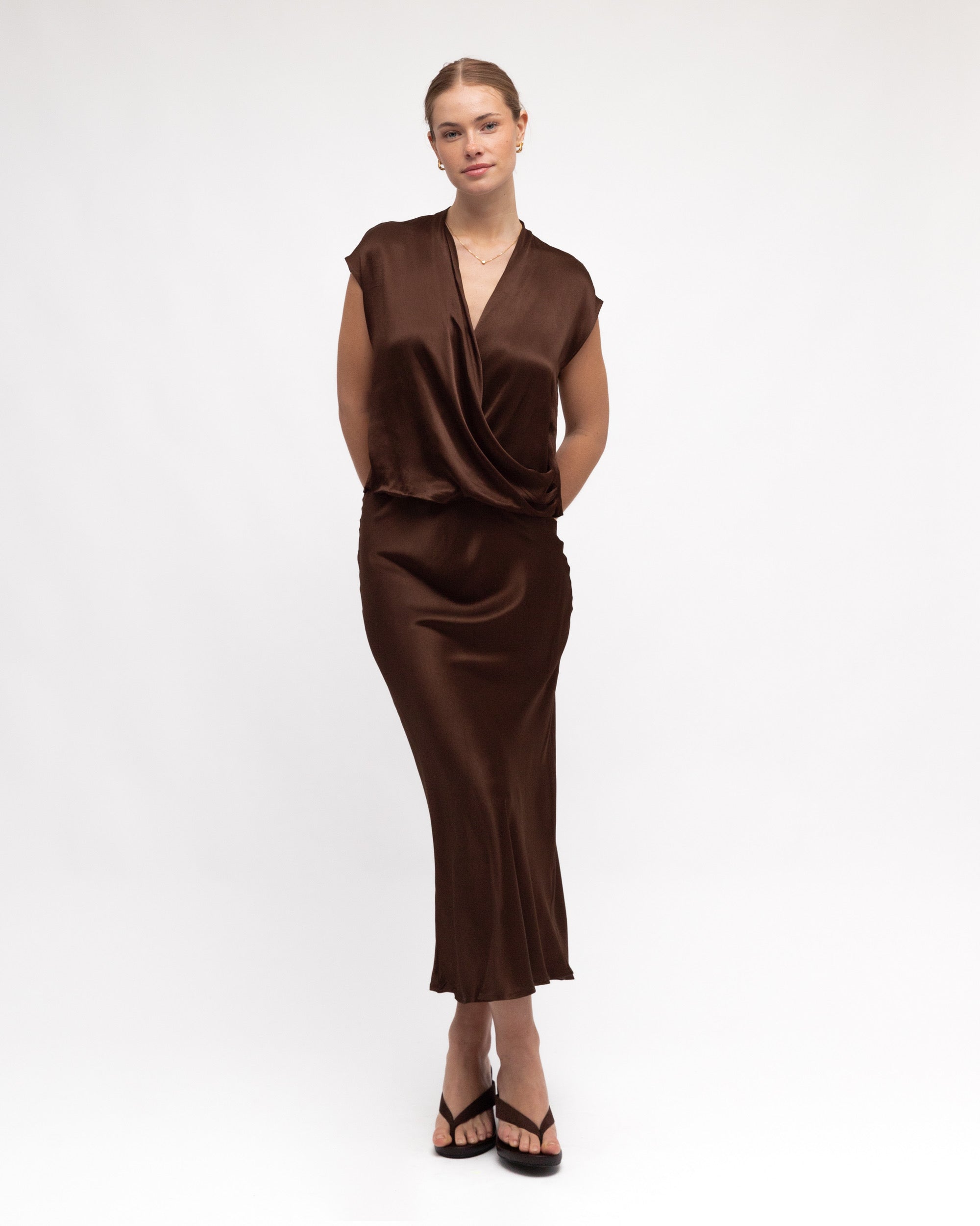 FLORENCE SATIN WRAP TOP - Chocolate
