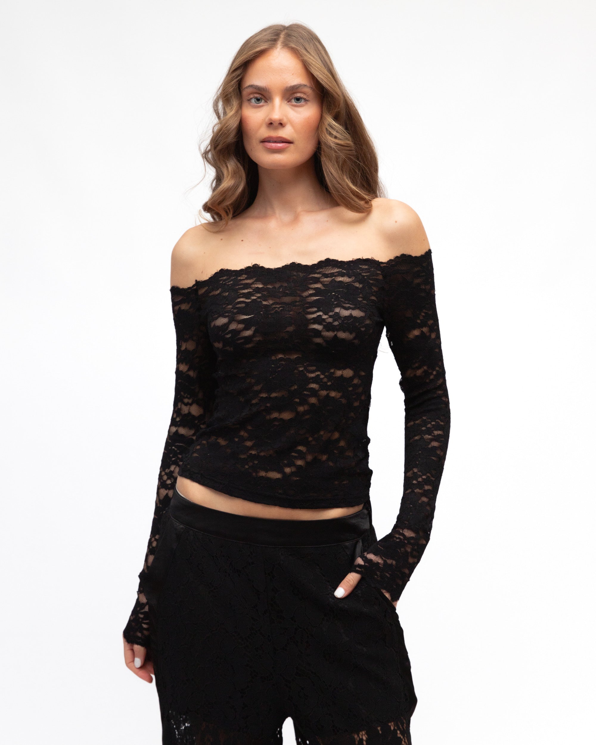 LUNA LACE OFF-SHOULDER TOP - Black