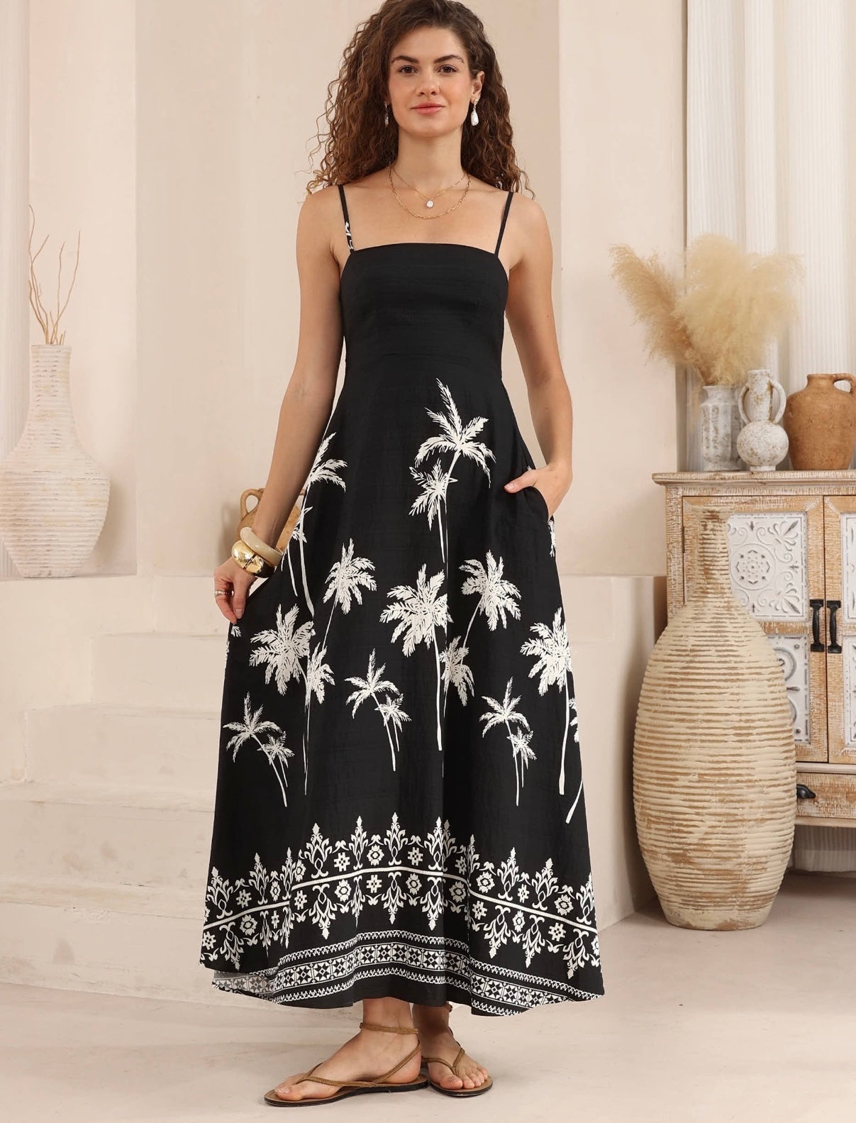 TONI DRESS - Black Palms