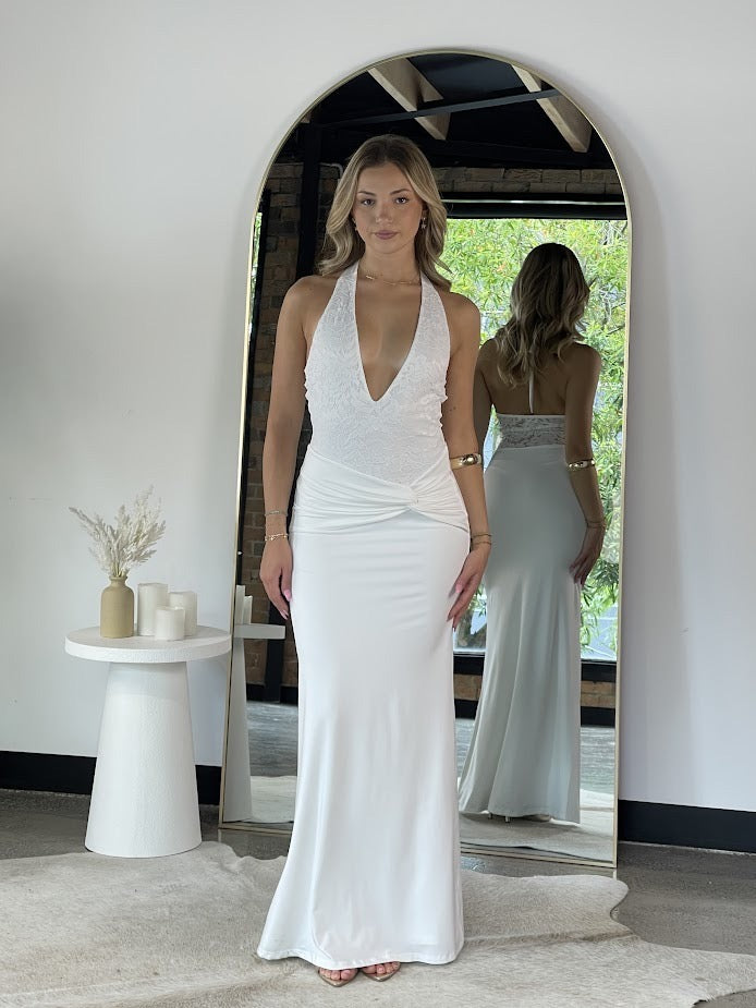ELIANA PLUNGE HALTER DRESS - White