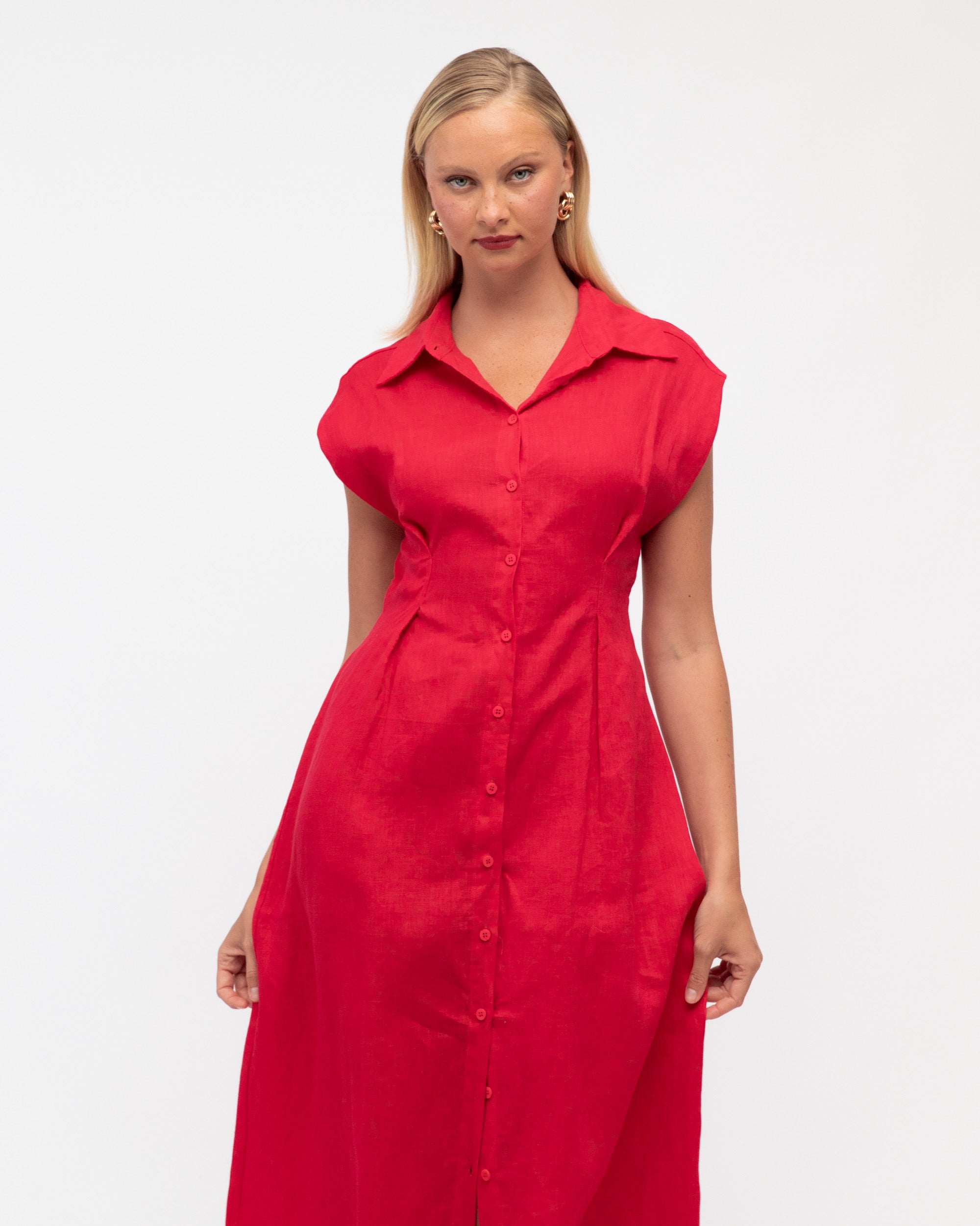 MARGOT LINEN MIDI DRESS - Rasberry