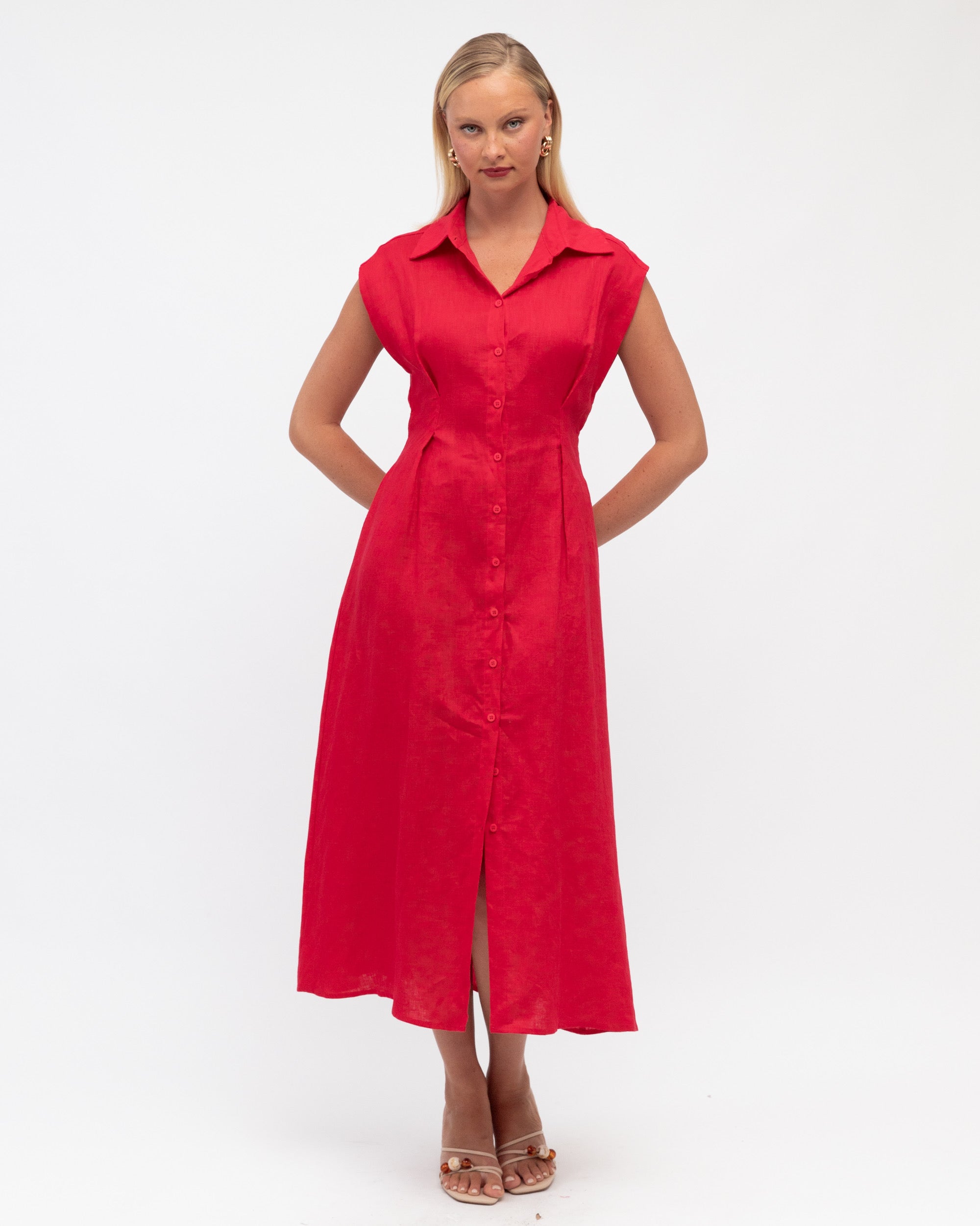 MARGOT LINEN MIDI DRESS - Rasberry