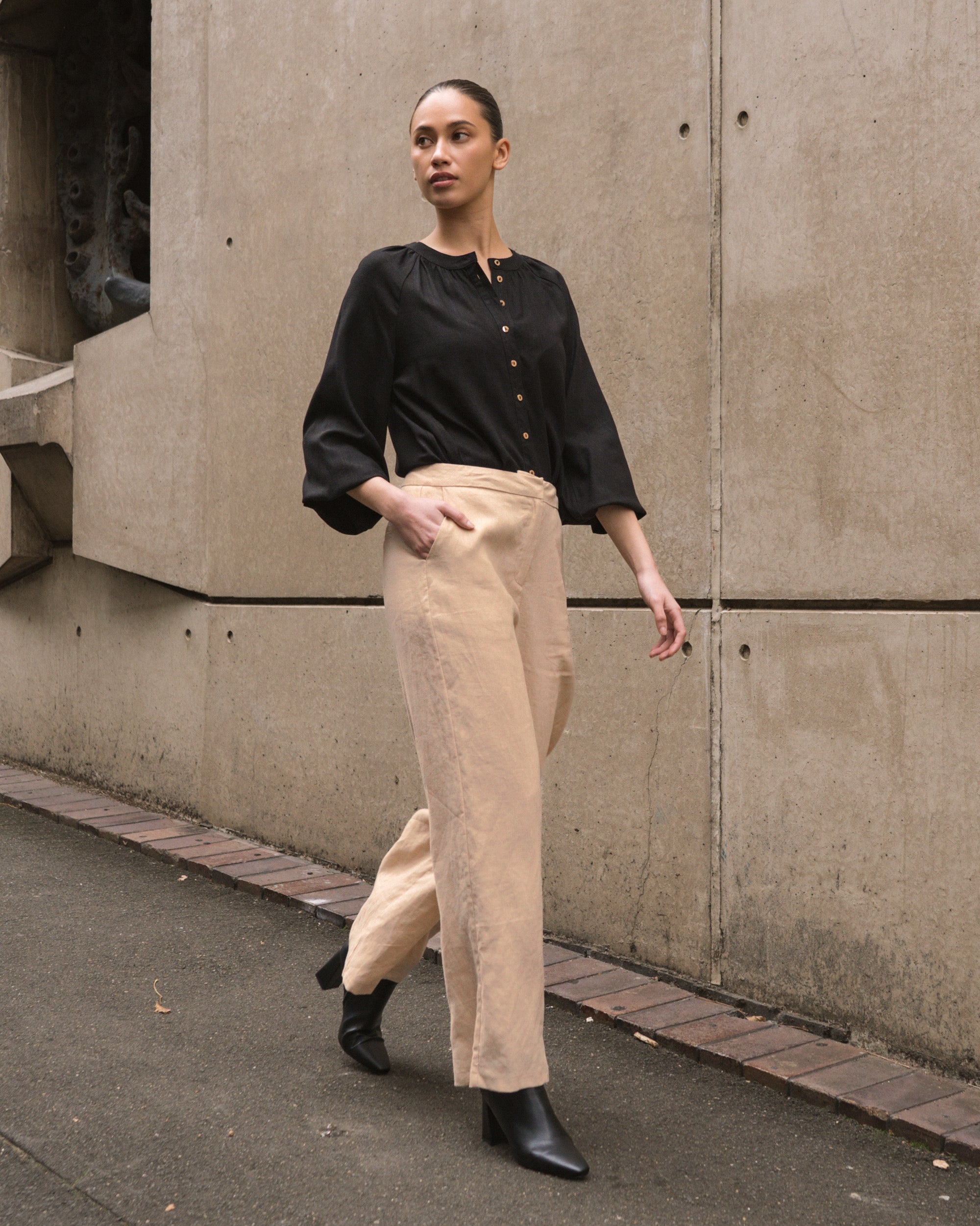 JINA LINEN WIDE LEG PANT - Oatmeal