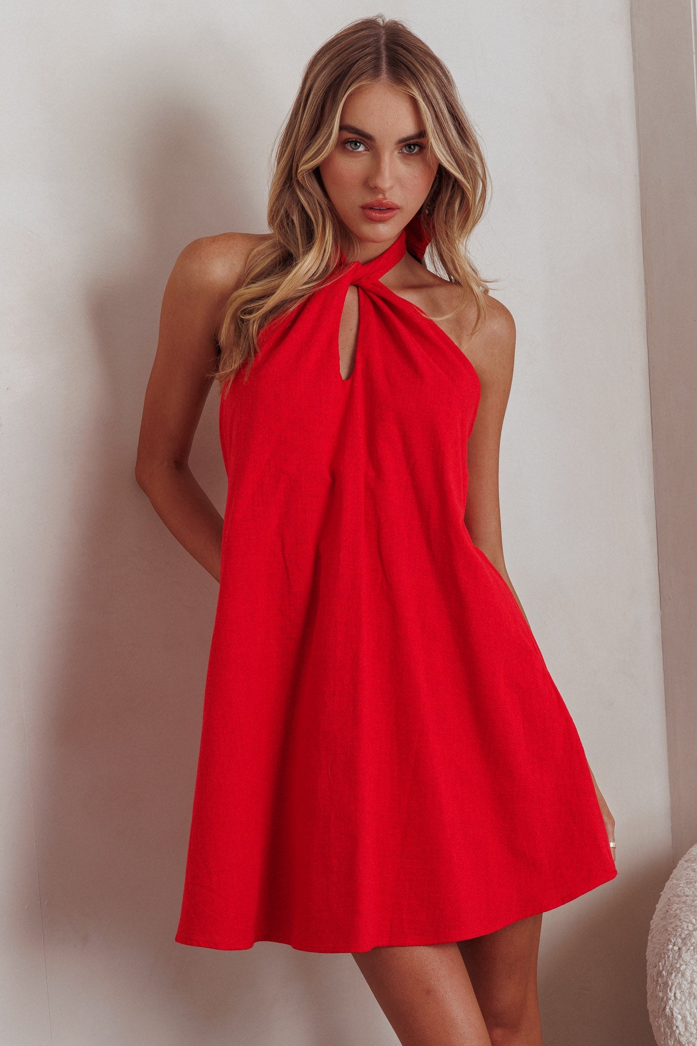 RUMI HALTER MINI DRESS - Red