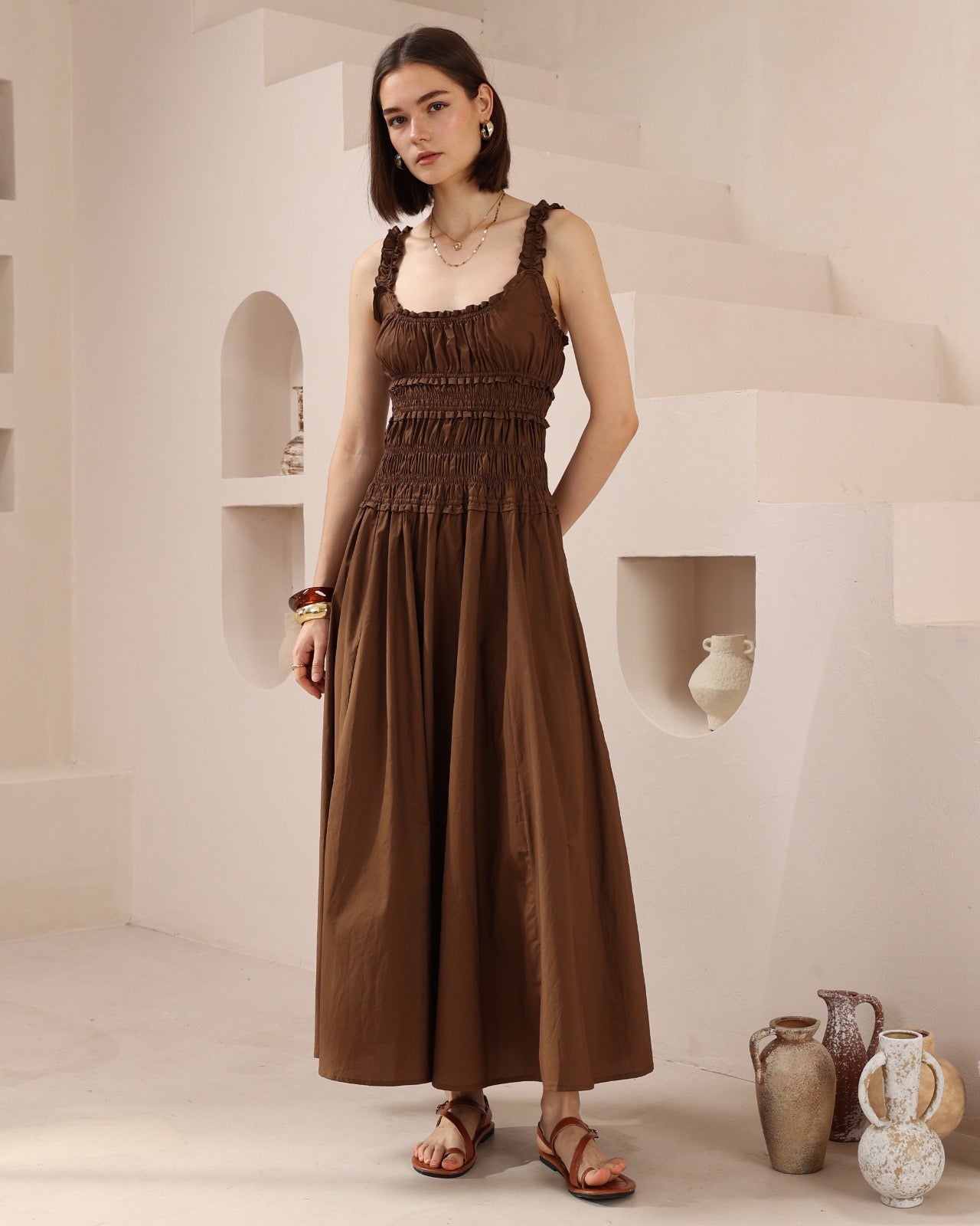 SIENNA SMOCKED MAXI DRESS - Chocolate