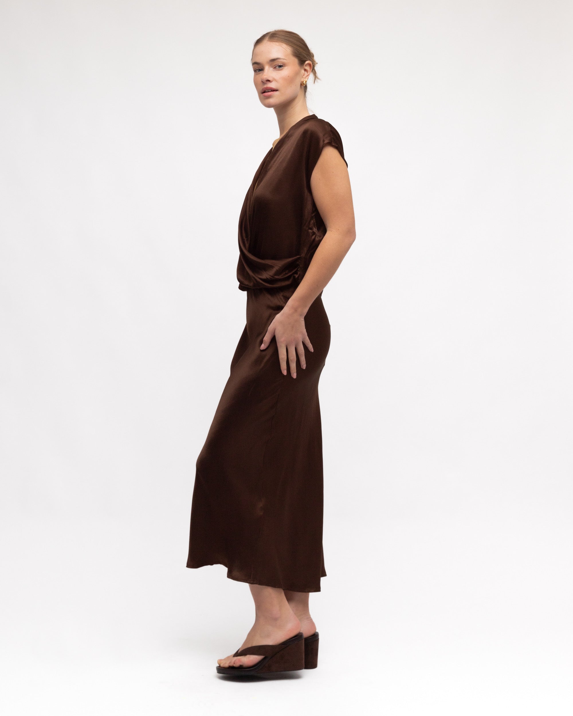 FLORENCE SATIN WRAP TOP - Chocolate