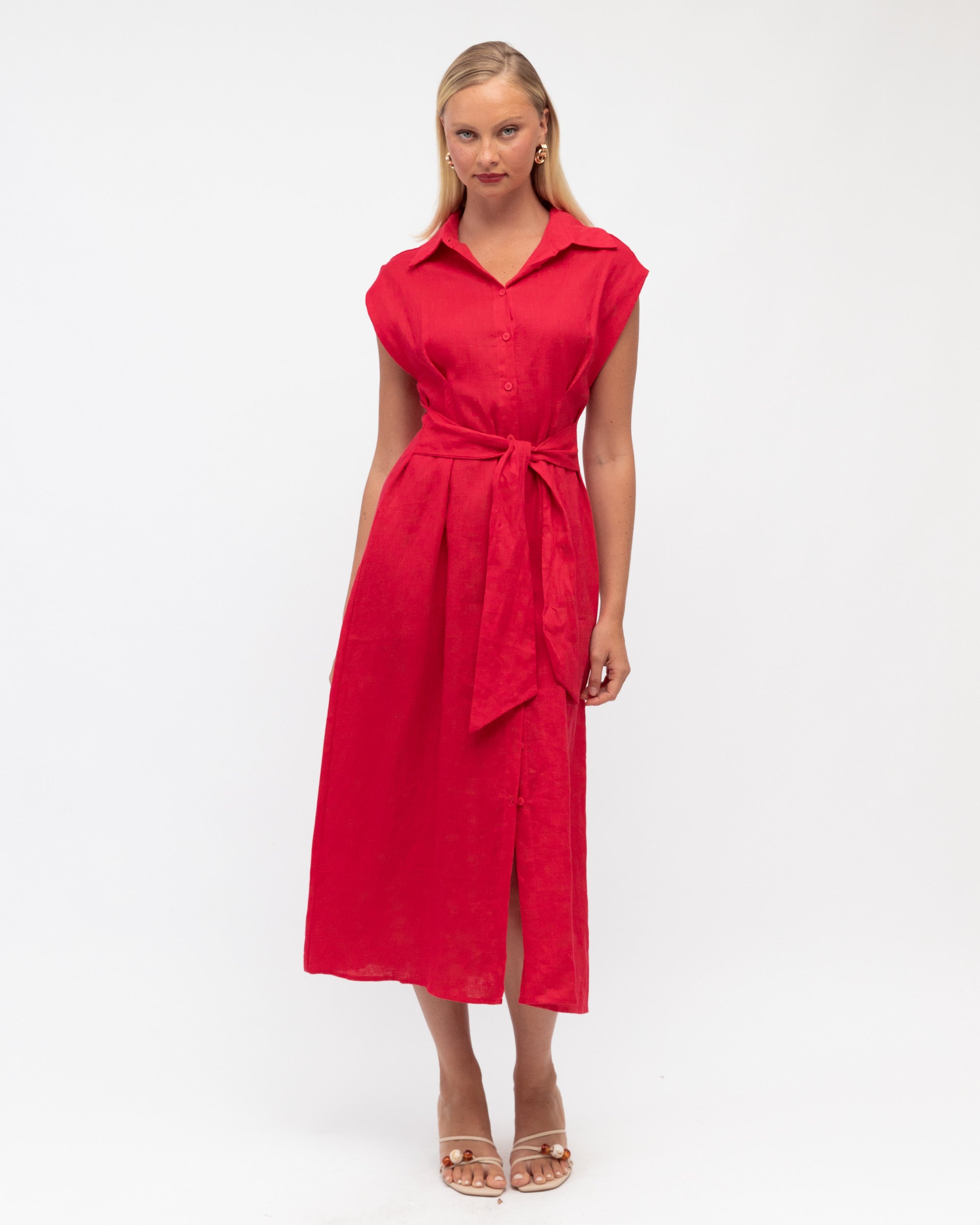 MARGOT LINEN MIDI DRESS - Rasberry
