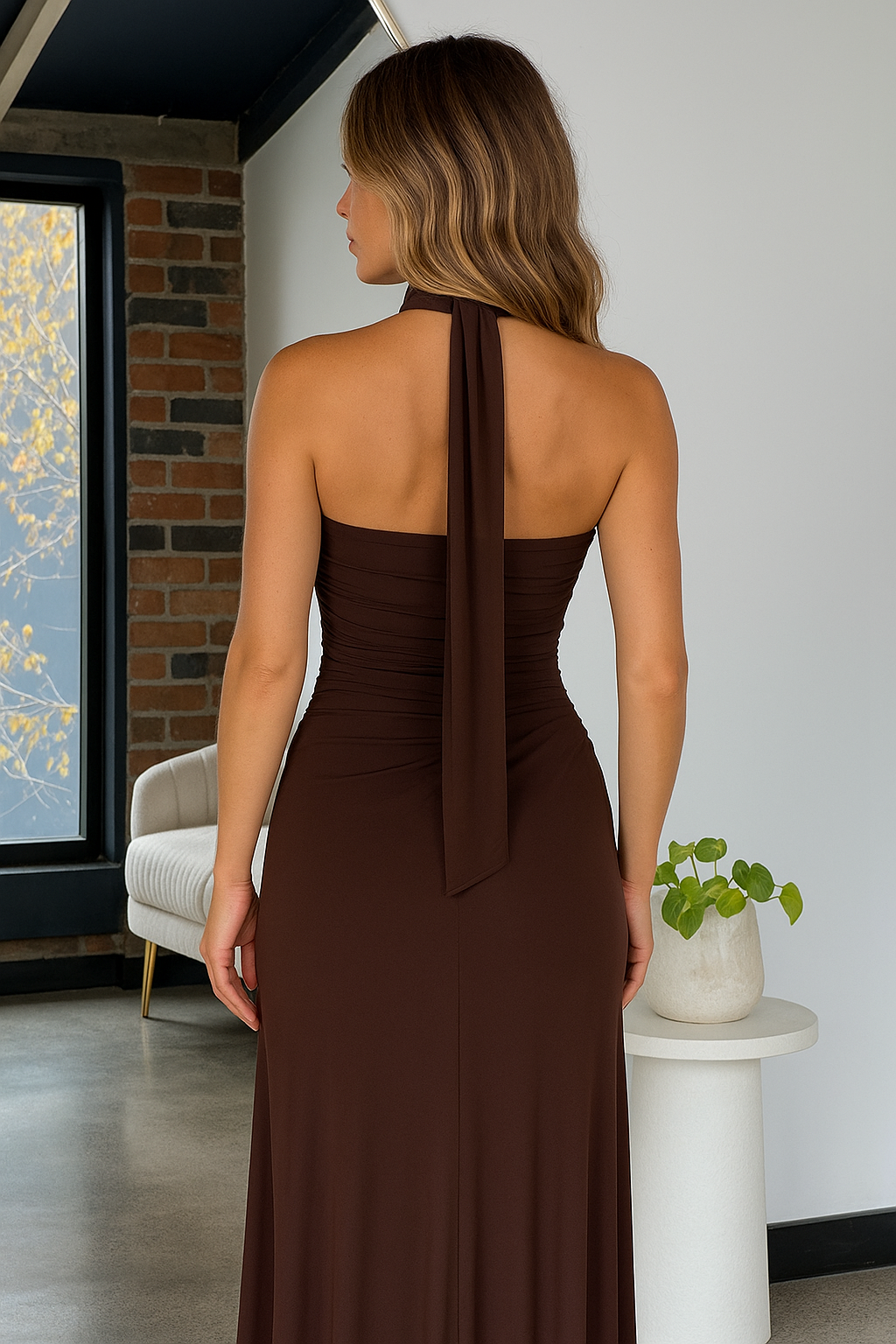 LUCIA STRAPLESS MESH DRESS - Brown