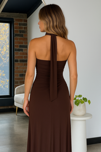LUCIA STRAPLESS MESH DRESS - Brown