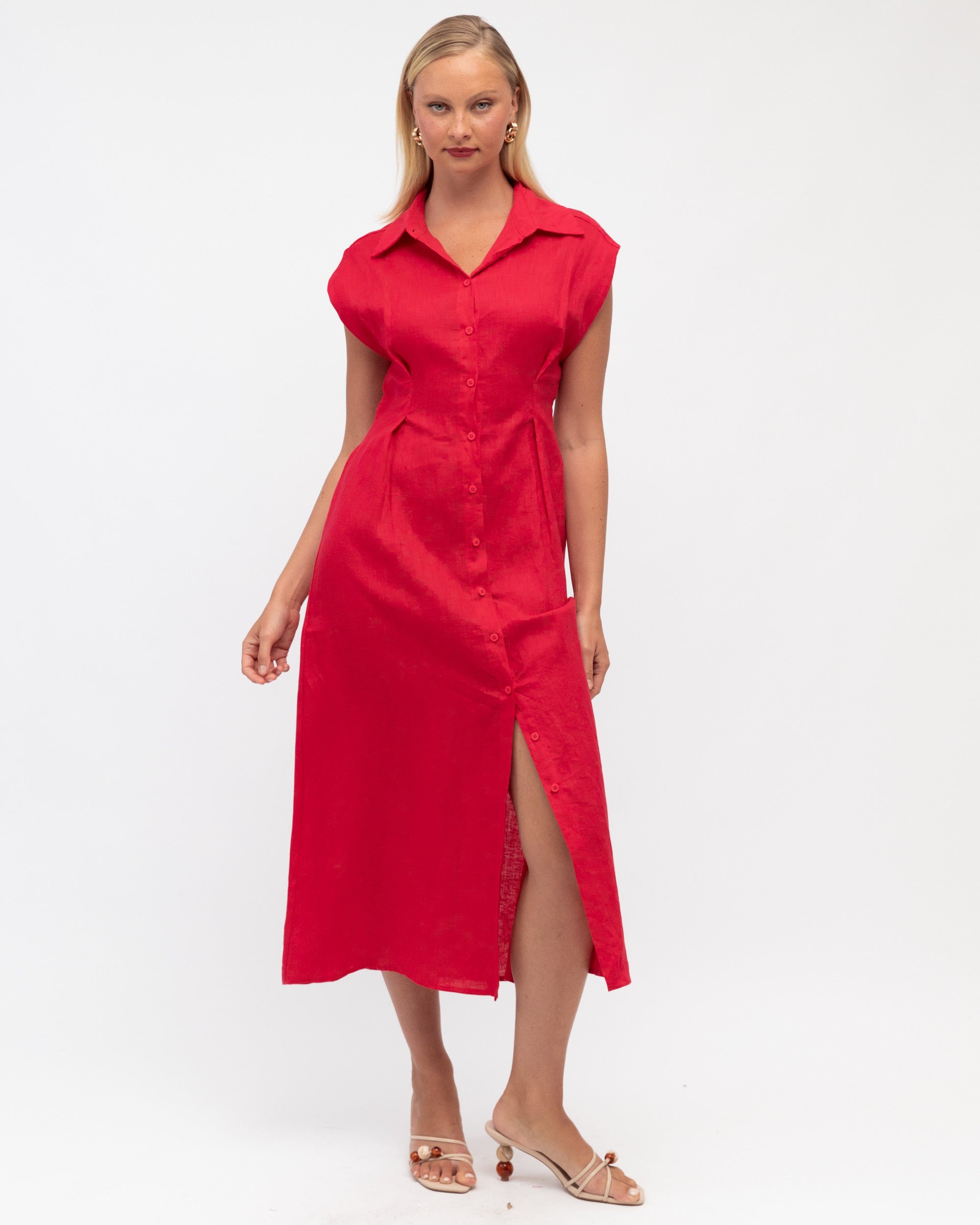 MARGOT LINEN MIDI DRESS - Rasberry