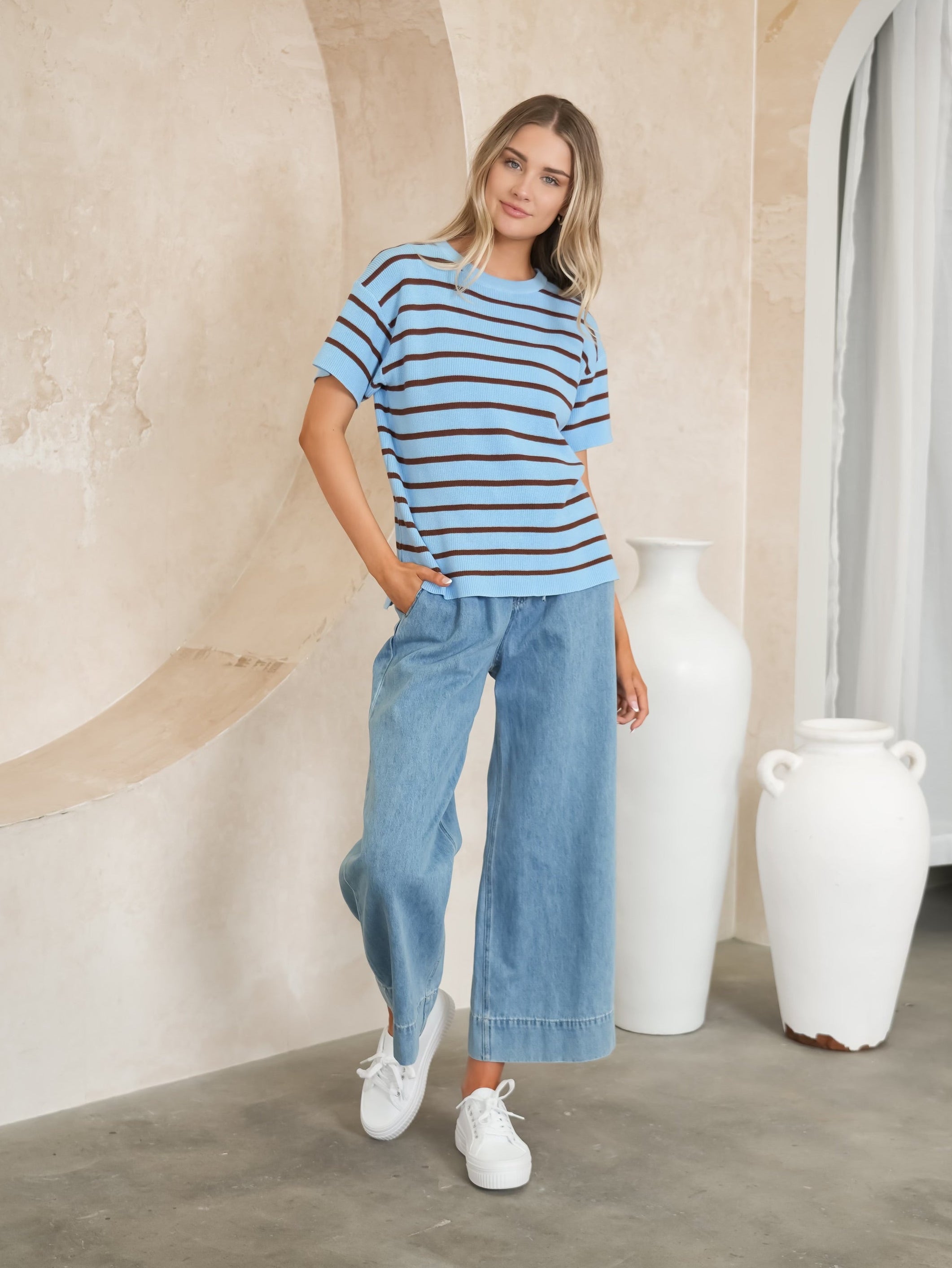 TAYLOR STRIPE KNIT TEE - Choc & Blue