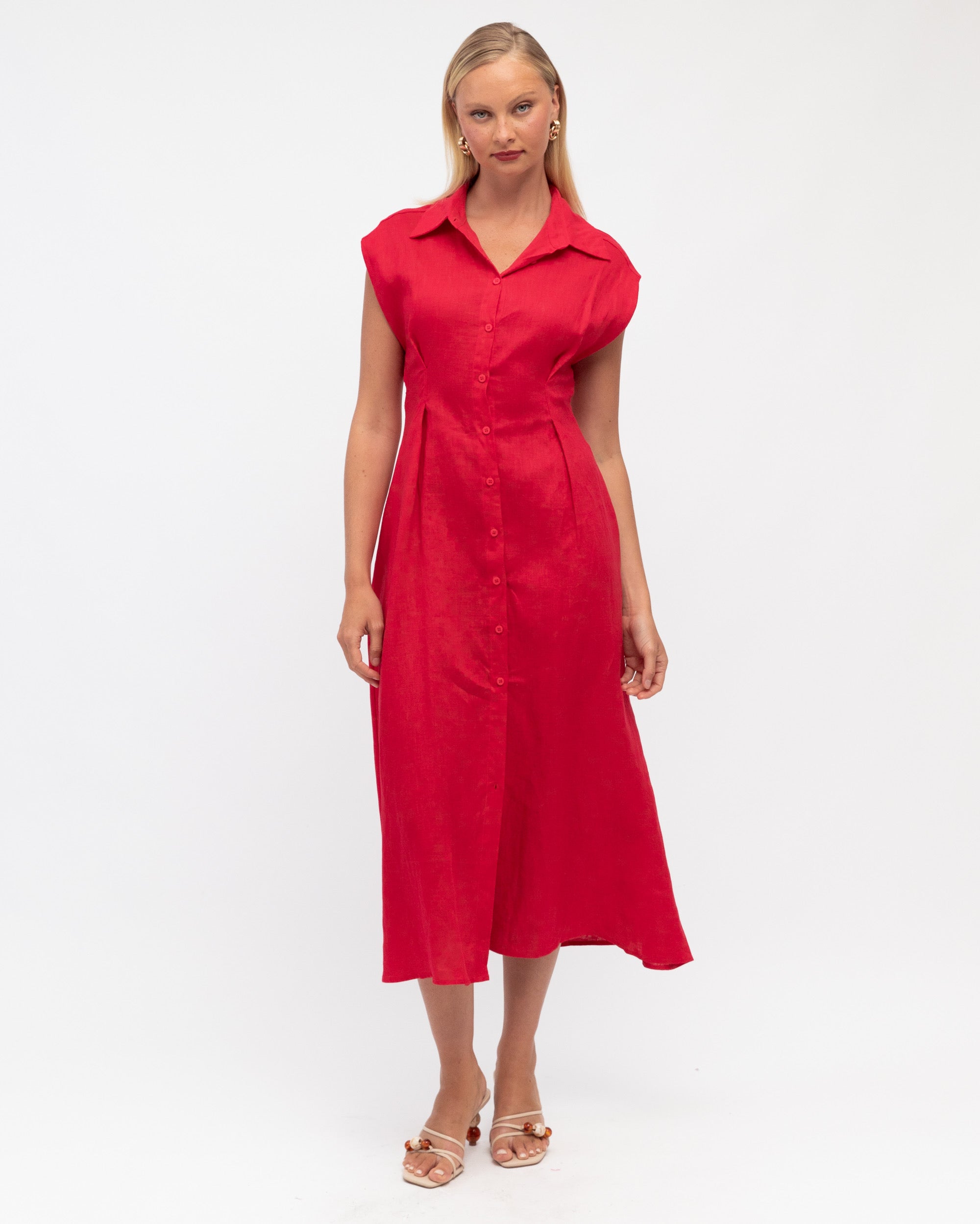 MARGOT LINEN MIDI DRESS - Rasberry
