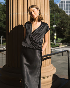 FLORENCE SATIN WRAP TOP - Black