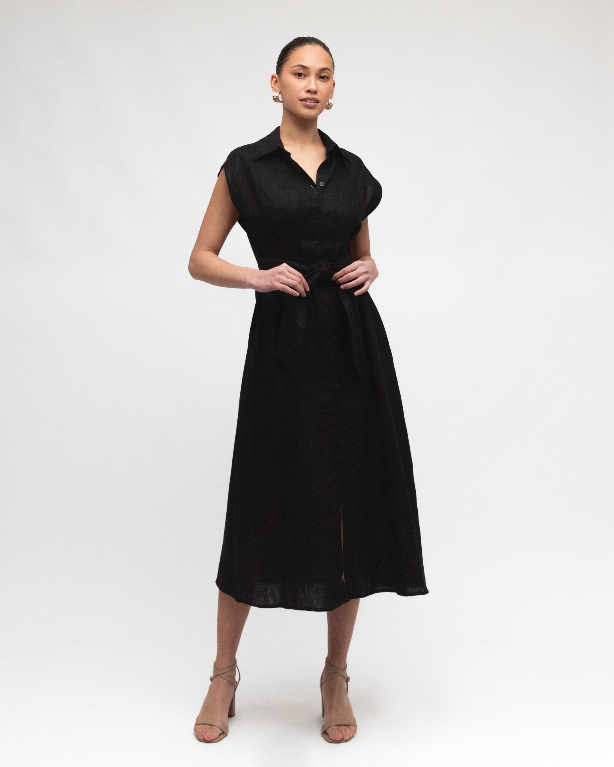 MARGOT LINEN MIDI DRESS - Black