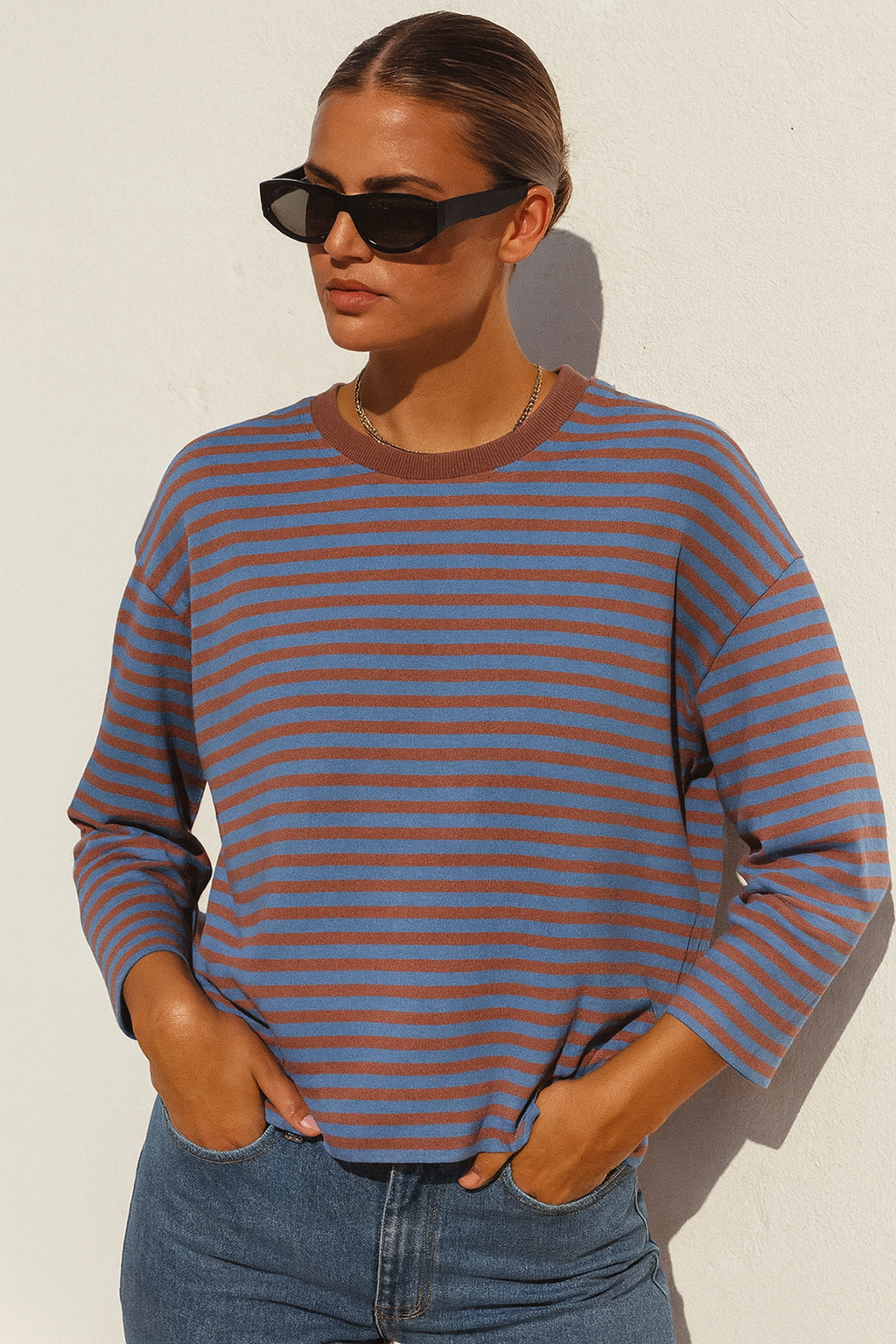 COASTAL LINES LONG SLEEVE TOP - Blue & Brown