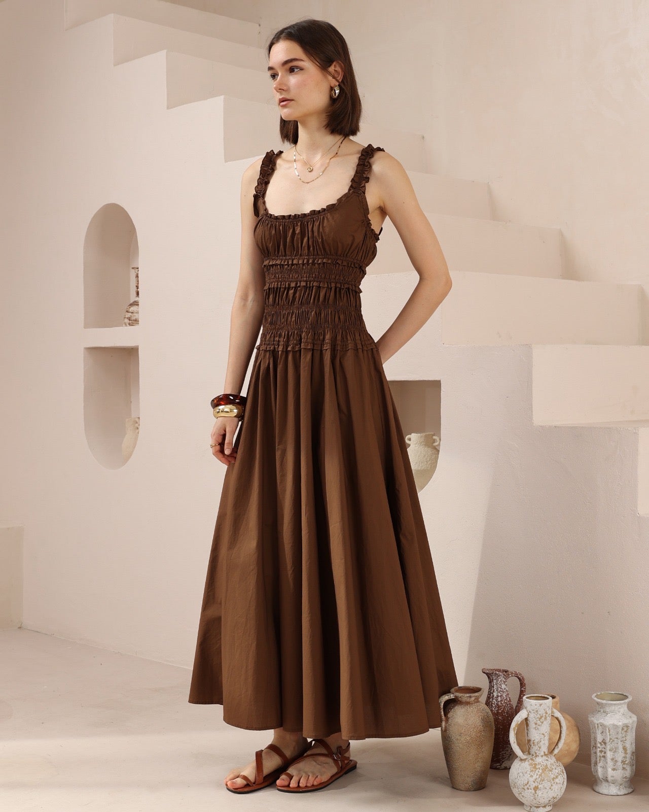 SIENNA SMOCKED MAXI DRESS - Chocolate