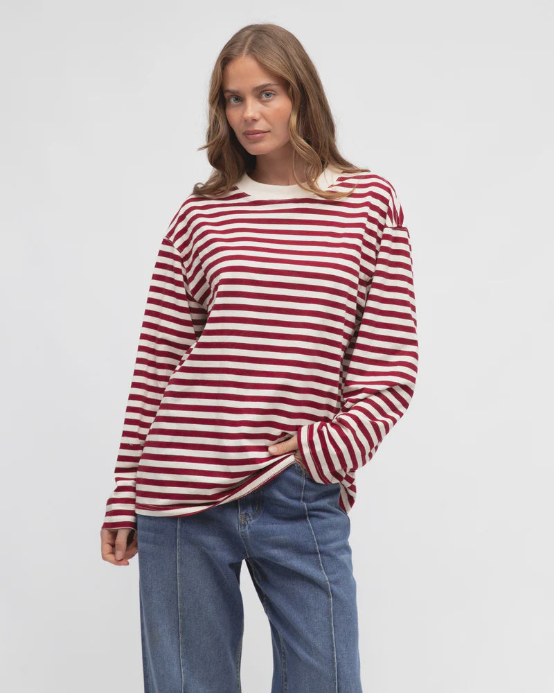 MADDIE STRIPED TEE - Burgundy Cream