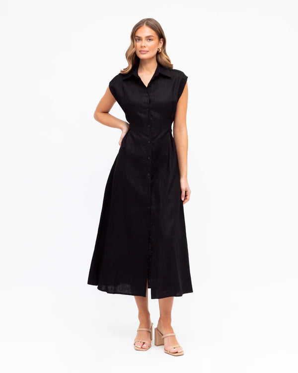 MARGOT LINEN MIDI DRESS - Black