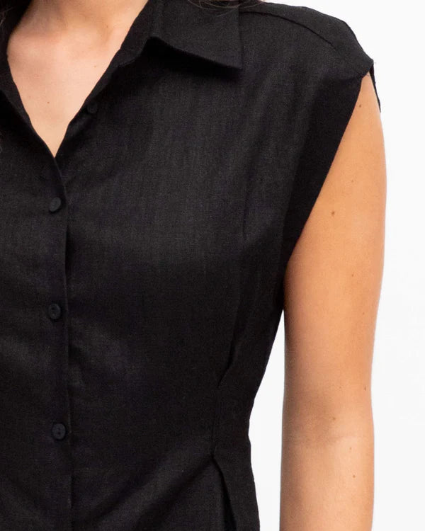 MARGOT LINEN MIDI DRESS - Black