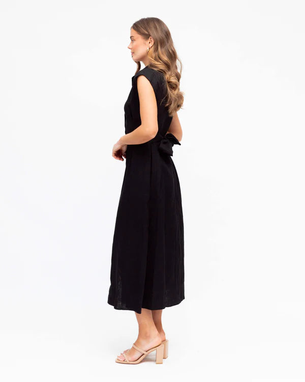 MARGOT LINEN MIDI DRESS - Black