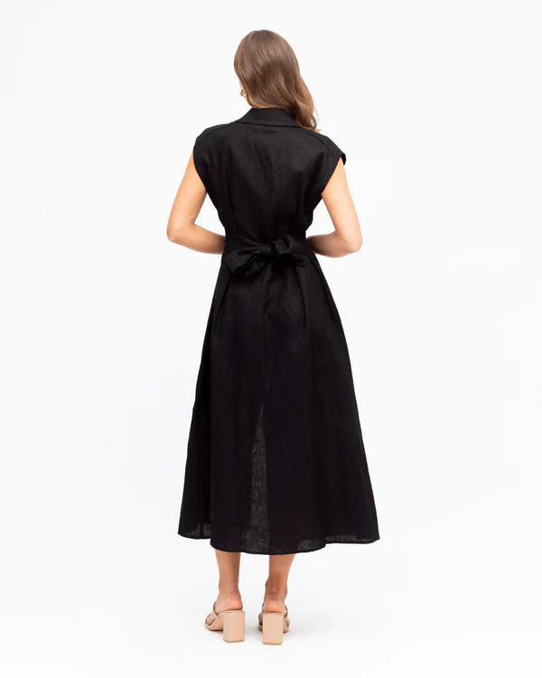 MARGOT LINEN MIDI DRESS - Black
