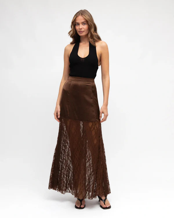 YASMIN LACE MAXI SKIRT - Chocolate