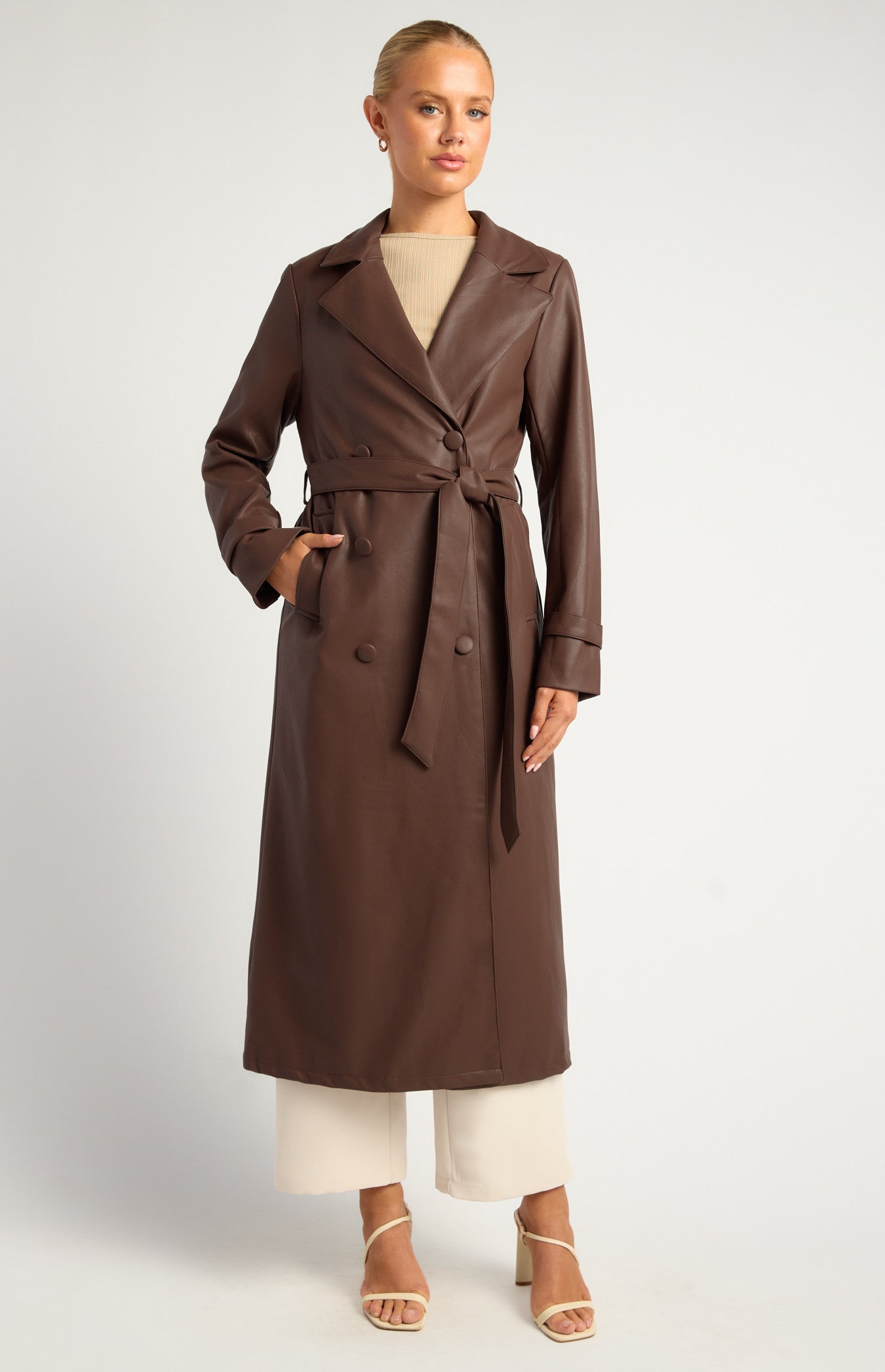 MANDA FAUX LEATHER COAT - Dark Chocolate